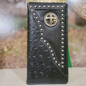Mens wallet Cross Praying Cowboy Western Bifold Ostrich Black check book Rodeo